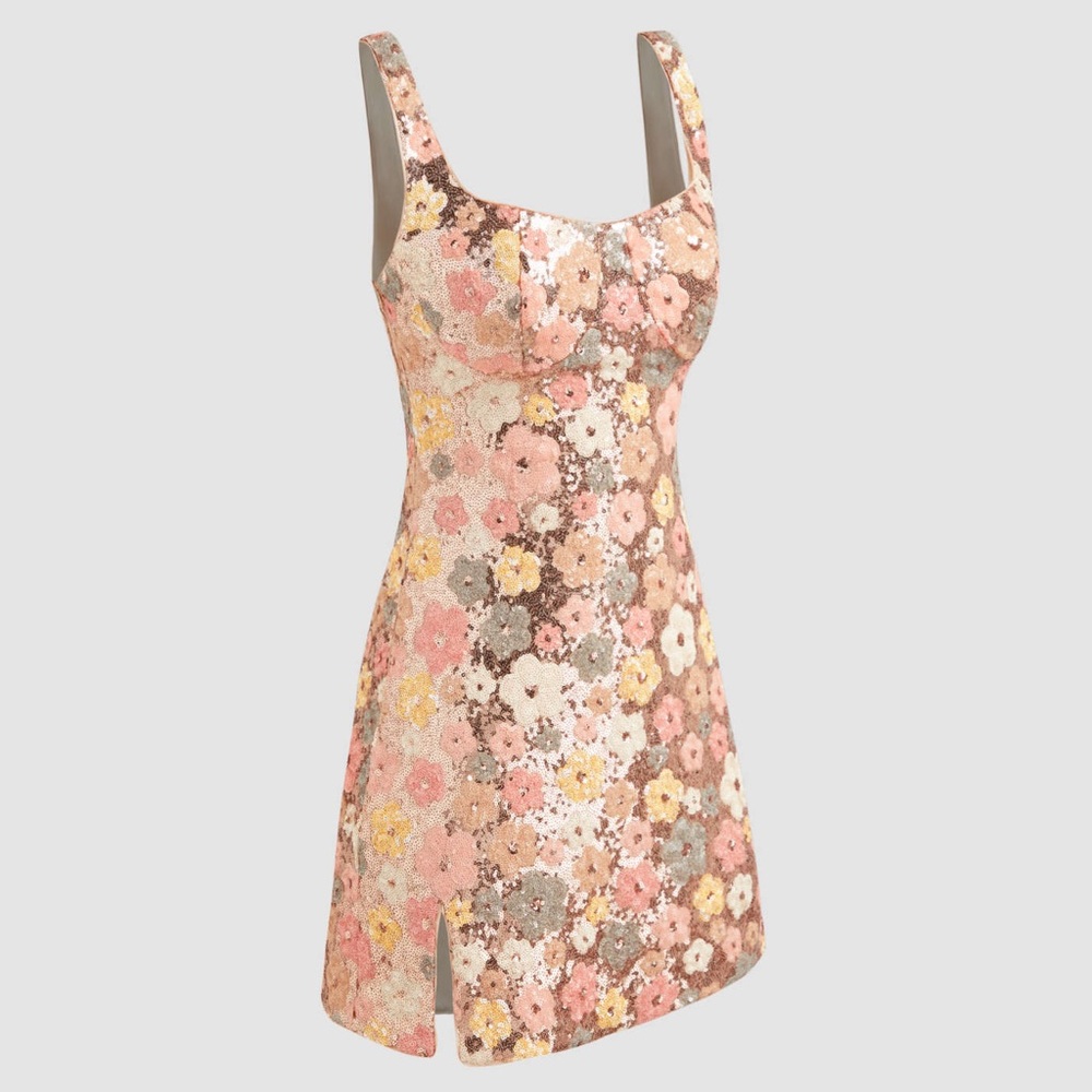 Cider Floral Sequin Scoop Neck Mini dress